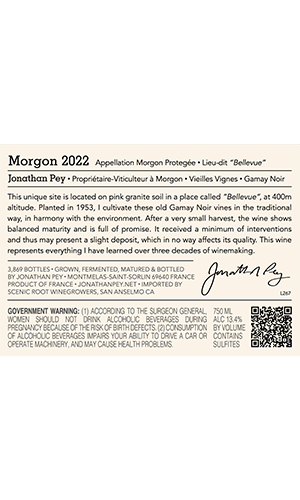 Domaine Jonathan Pey Morgon Bellevue Cru 2022  Back Label - US Version thumb