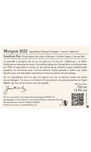 Domaine Jonathan Pey Morgon Bellevue Cru 2022 Back Label - French thumb